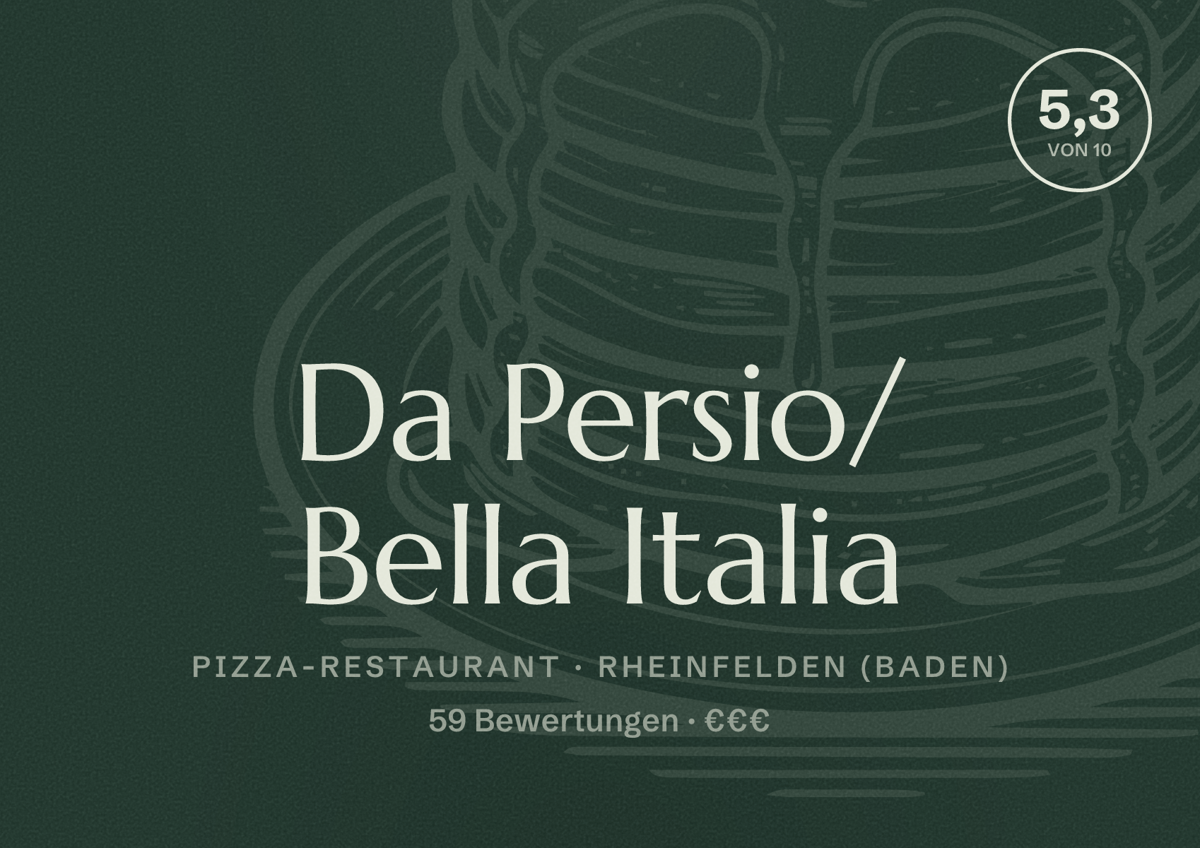 Illustriertes Poster von Da Persio/ Bella Italia, Pizza-Restaurant in Rheinfelden (Baden): Bewertung 5,3 von 10 aus 59 Bewertungen, Preisniveau €€€