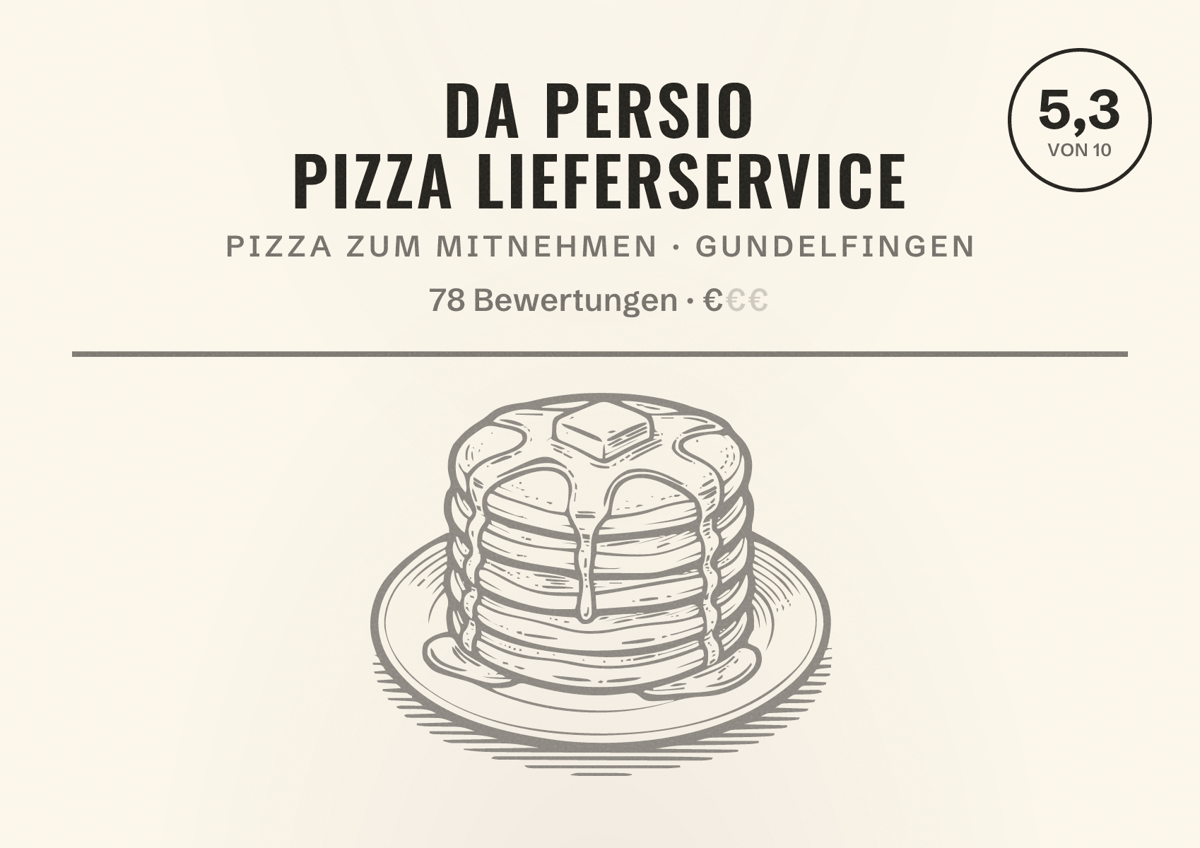Illustriertes Poster von Da Persio Pizza Lieferservice, Pizza zum Mitnehmen in Gundelfingen: Bewertung 5,3 von 10 aus 78 Bewertungen, Preisniveau €