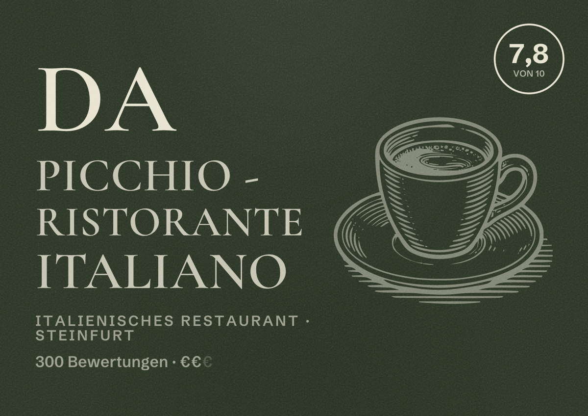 Illustriertes Poster von Da Picchio - Ristorante Italiano, Italienisches Restaurant in Steinfurt: Bewertung 7,8 von 10 aus 300 Bewertungen, Preisniveau €€