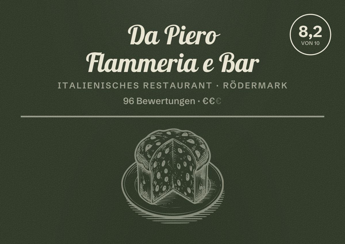 Illustriertes Poster von Da Piero Flammeria e Bar, Italienisches Restaurant in Rödermark: Bewertung 8,2 von 10 aus 96 Bewertungen, Preisniveau €€