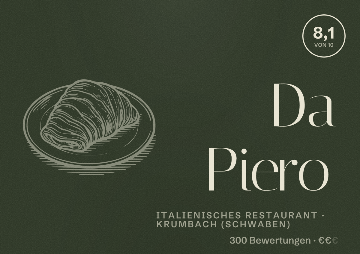 Illustriertes Poster von Da Piero, Italienisches Restaurant in Krumbach (Schwaben): Bewertung 8,1 von 10 aus 300 Bewertungen, Preisniveau €€