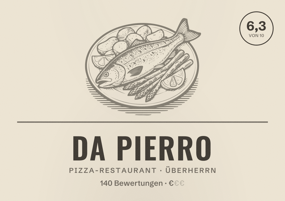 Illustriertes Poster von Da Pierro, Pizza-Restaurant in Überherrn: Bewertung 6,3 von 10 aus 140 Bewertungen, Preisniveau €