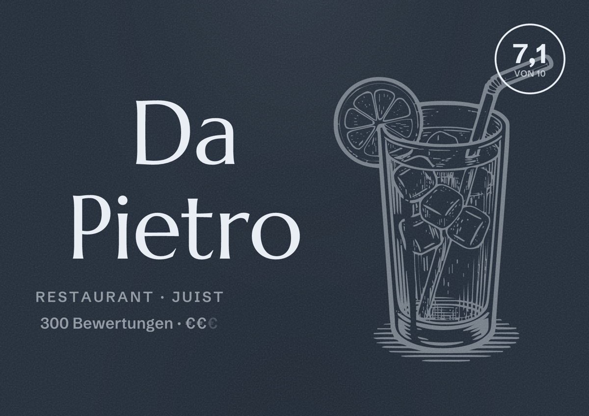 Illustriertes Poster von Da Pietro, Restaurant in Juist: Bewertung 7,1 von 10 aus 300 Bewertungen, Preisniveau €€