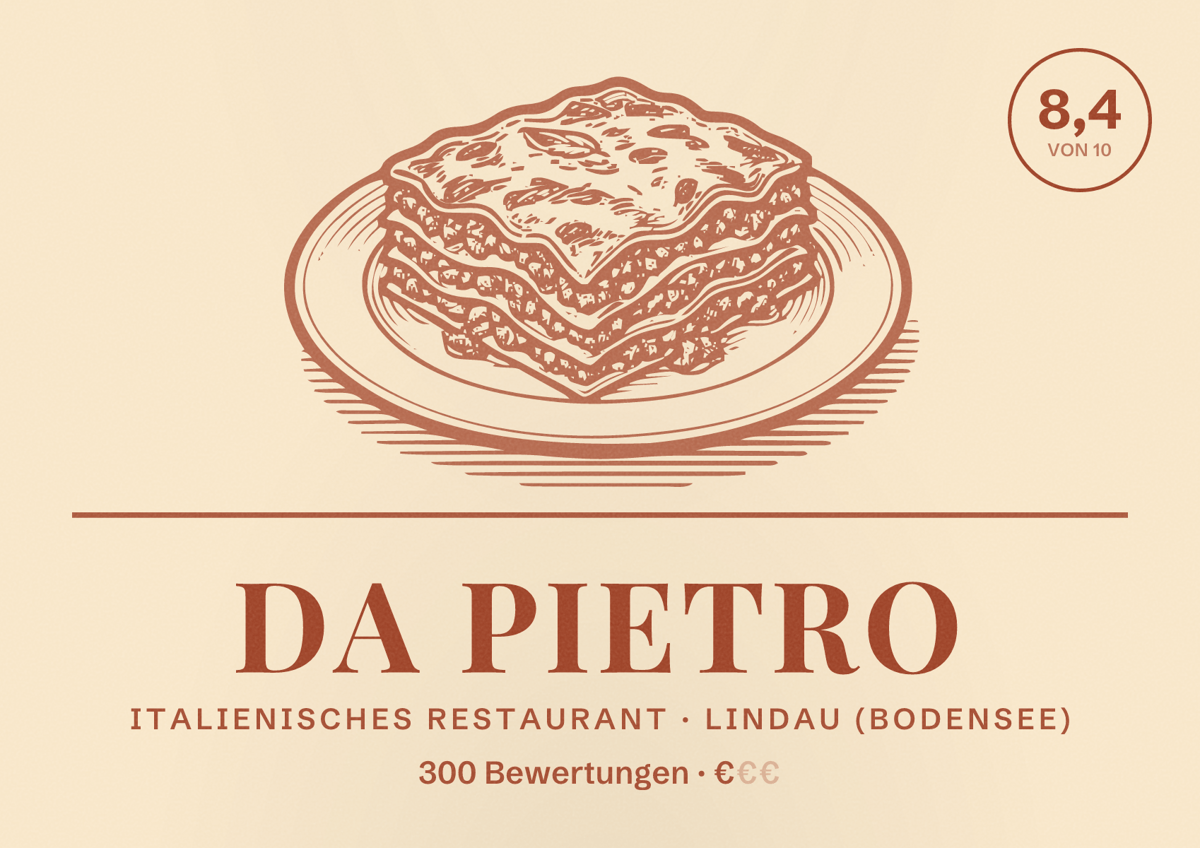 Illustriertes Poster von Da Pietro, Italienisches Restaurant in Lindau (Bodensee): Bewertung 8,4 von 10 aus 300 Bewertungen, Preisniveau €