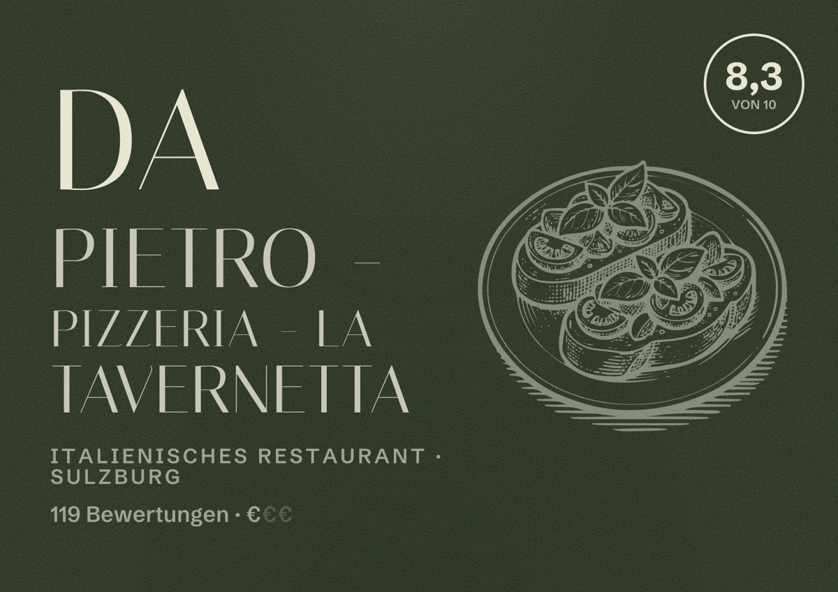 Illustriertes Poster von Da Pietro - Pizzeria - La Tavernetta, Italienisches Restaurant in Sulzburg: Bewertung 8,3 von 10 aus 119 Bewertungen, Preisniveau €