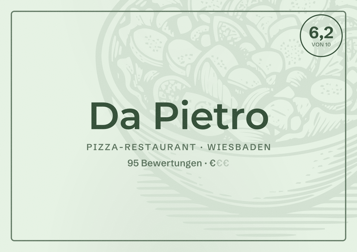 Illustriertes Poster von Da Pietro, Pizza-Restaurant in Wiesbaden: Bewertung 6,2 von 10 aus 95 Bewertungen, Preisniveau €