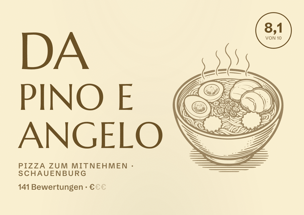 Illustriertes Poster von Da Pino e Angelo, Pizza zum Mitnehmen in Schauenburg: Bewertung 8,1 von 10 aus 141 Bewertungen, Preisniveau €