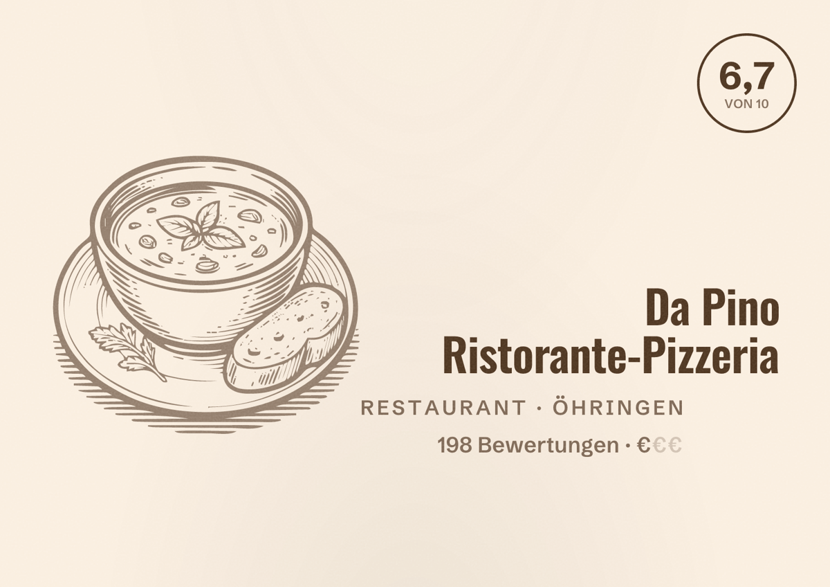 Illustriertes Poster von Da Pino Ristorante-Pizzeria, Restaurant in Öhringen: Bewertung 6,7 von 10 aus 198 Bewertungen, Preisniveau €
