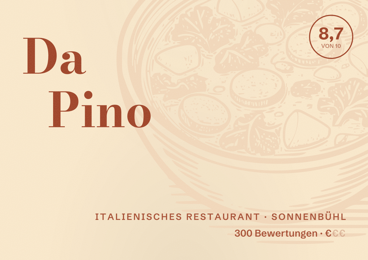 Illustriertes Poster von Da Pino, Italienisches Restaurant in Sonnenbühl: Bewertung 8,7 von 10 aus 300 Bewertungen, Preisniveau €