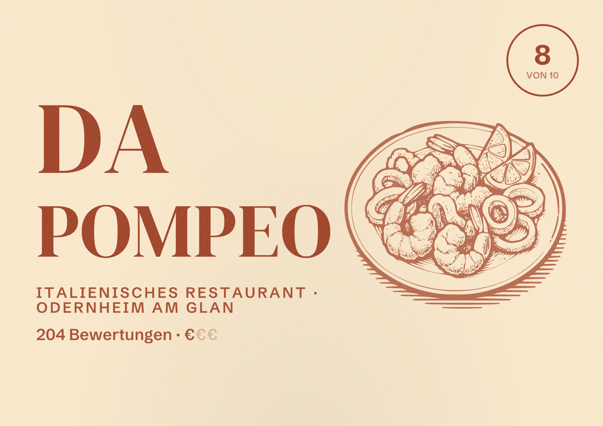 Illustriertes Poster von Da Pompeo, Italienisches Restaurant in Odernheim am Glan: Bewertung 8 von 10 aus 204 Bewertungen, Preisniveau €