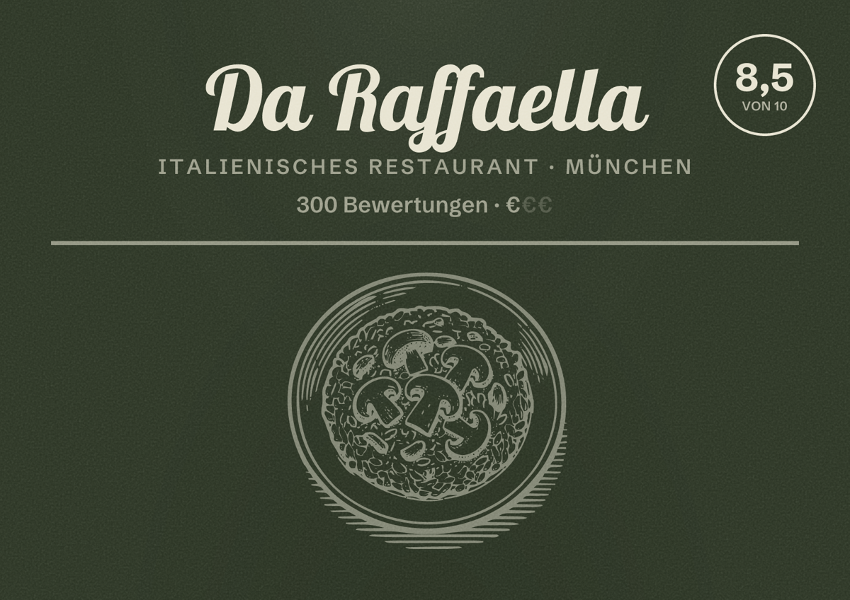 Illustriertes Poster von Da Raffaella, Italienisches Restaurant in München: Bewertung 8,5 von 10 aus 300 Bewertungen, Preisniveau €