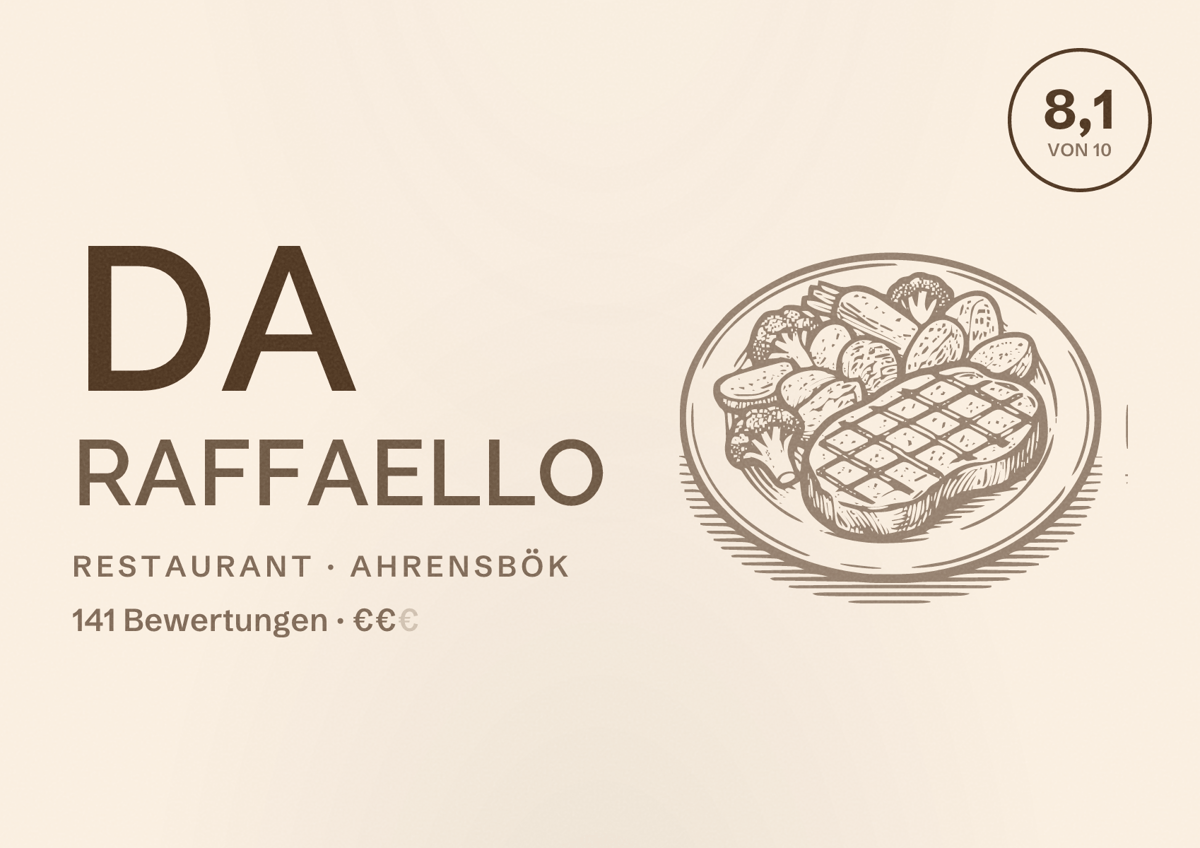 Illustriertes Poster von Da Raffaello, Restaurant in Ahrensbök: Bewertung 8,1 von 10 aus 141 Bewertungen, Preisniveau €€