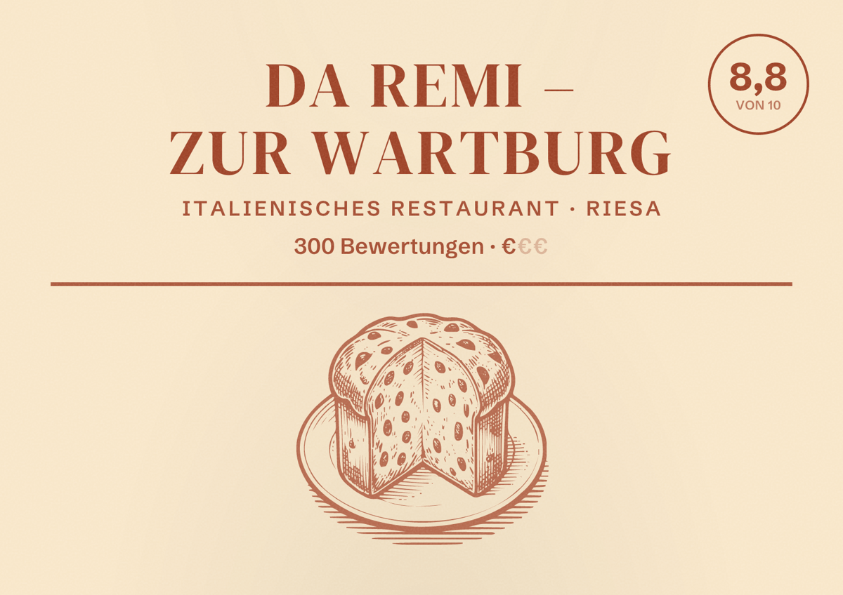Illustriertes Poster von Da Remi – Zur Wartburg, Italienisches Restaurant in Riesa: Bewertung 8,8 von 10 aus 300 Bewertungen, Preisniveau €