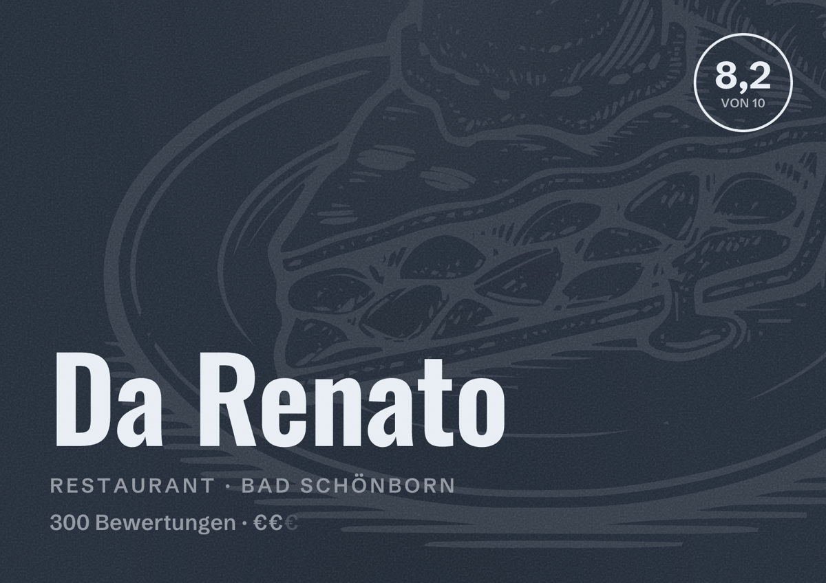 Illustriertes Poster von Da Renato, Restaurant in Bad Schönborn: Bewertung 8,2 von 10 aus 300 Bewertungen, Preisniveau €€