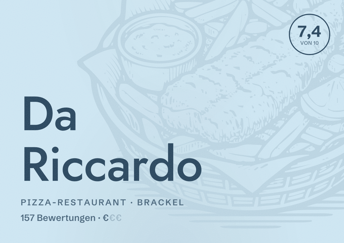 Illustriertes Poster von Da Riccardo, Pizza-Restaurant in Brackel: Bewertung 7,4 von 10 aus 157 Bewertungen, Preisniveau €
