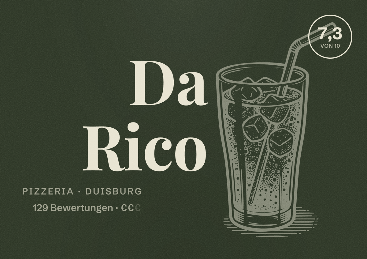 Illustriertes Poster von Da Rico, Pizzeria in Duisburg: Bewertung 7,3 von 10 aus 129 Bewertungen, Preisniveau €€