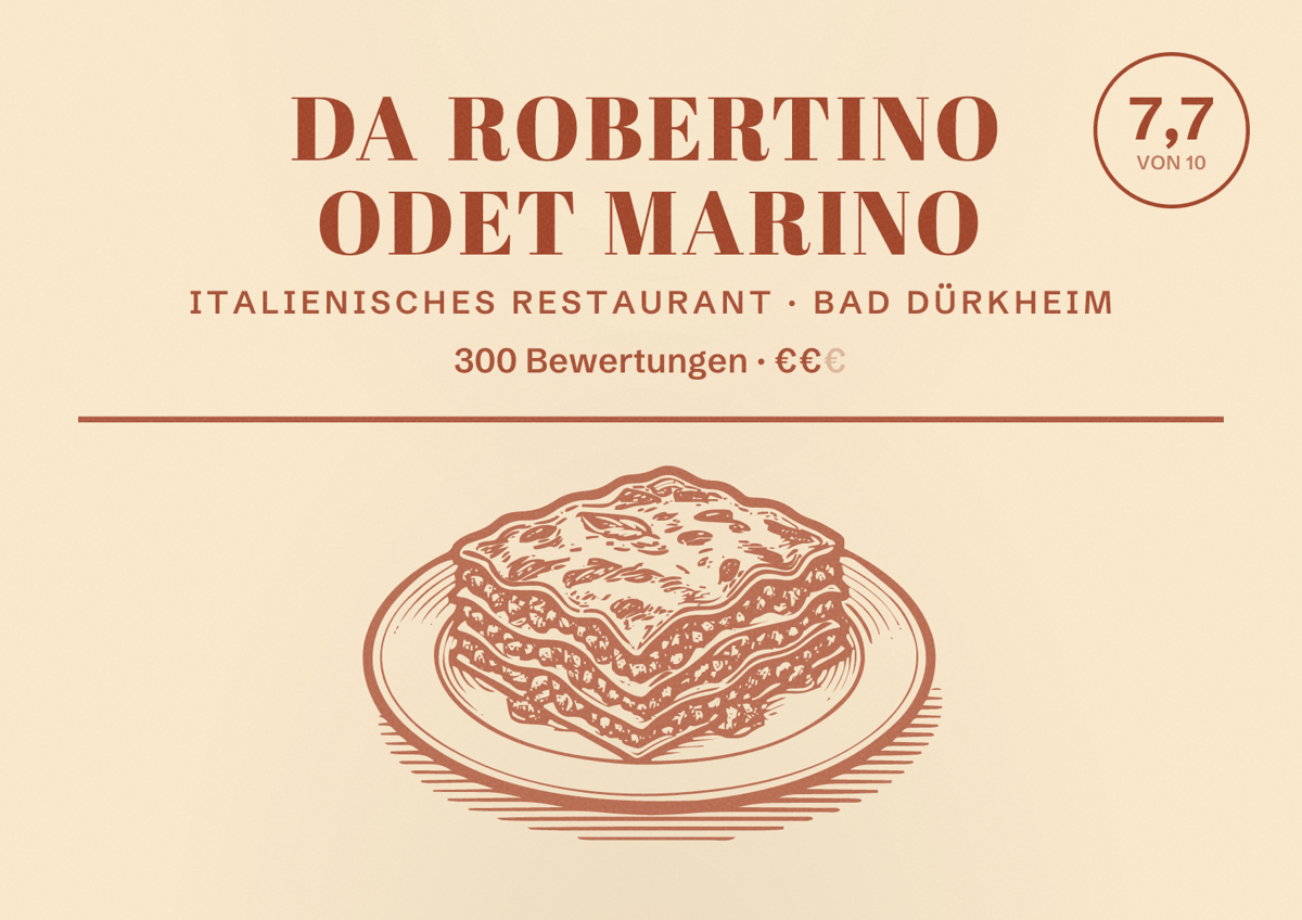 Illustriertes Poster von da Robertino Odet Marino, Italienisches Restaurant in Bad Dürkheim: Bewertung 7,7 von 10 aus 300 Bewertungen, Preisniveau €€