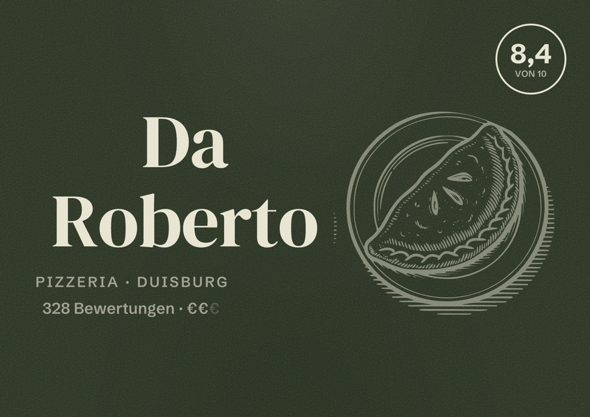 Illustriertes Poster von Da Roberto, Pizzeria in Duisburg: Bewertung 8,4 von 10 aus 328 Bewertungen, Preisniveau €€
