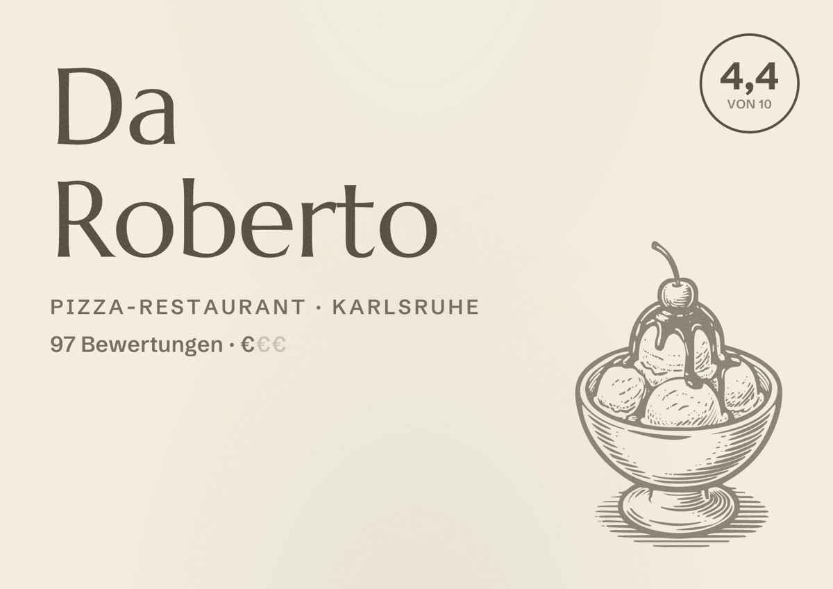 Illustriertes Poster von Da Roberto, Pizza-Restaurant in Karlsruhe: Bewertung 4,4 von 10 aus 97 Bewertungen, Preisniveau €
