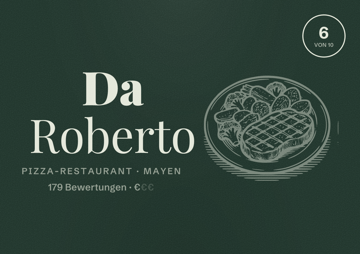 Illustriertes Poster von Da Roberto, Pizza-Restaurant in Mayen: Bewertung 6 von 10 aus 179 Bewertungen, Preisniveau €
