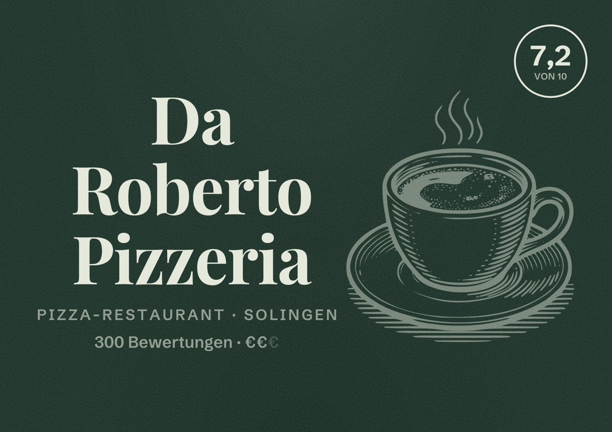 Illustriertes Poster von Da Roberto Pizzeria, Pizza-Restaurant in Solingen: Bewertung 7,2 von 10 aus 300 Bewertungen, Preisniveau €€