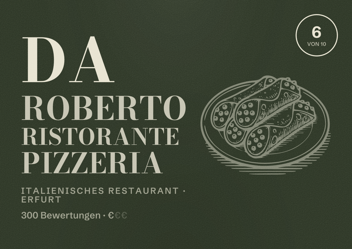 Illustriertes Poster von Da Roberto Ristorante Pizzeria, Italienisches Restaurant in Erfurt: Bewertung 6,0 von 10 aus 300 Bewertungen, Preisniveau €