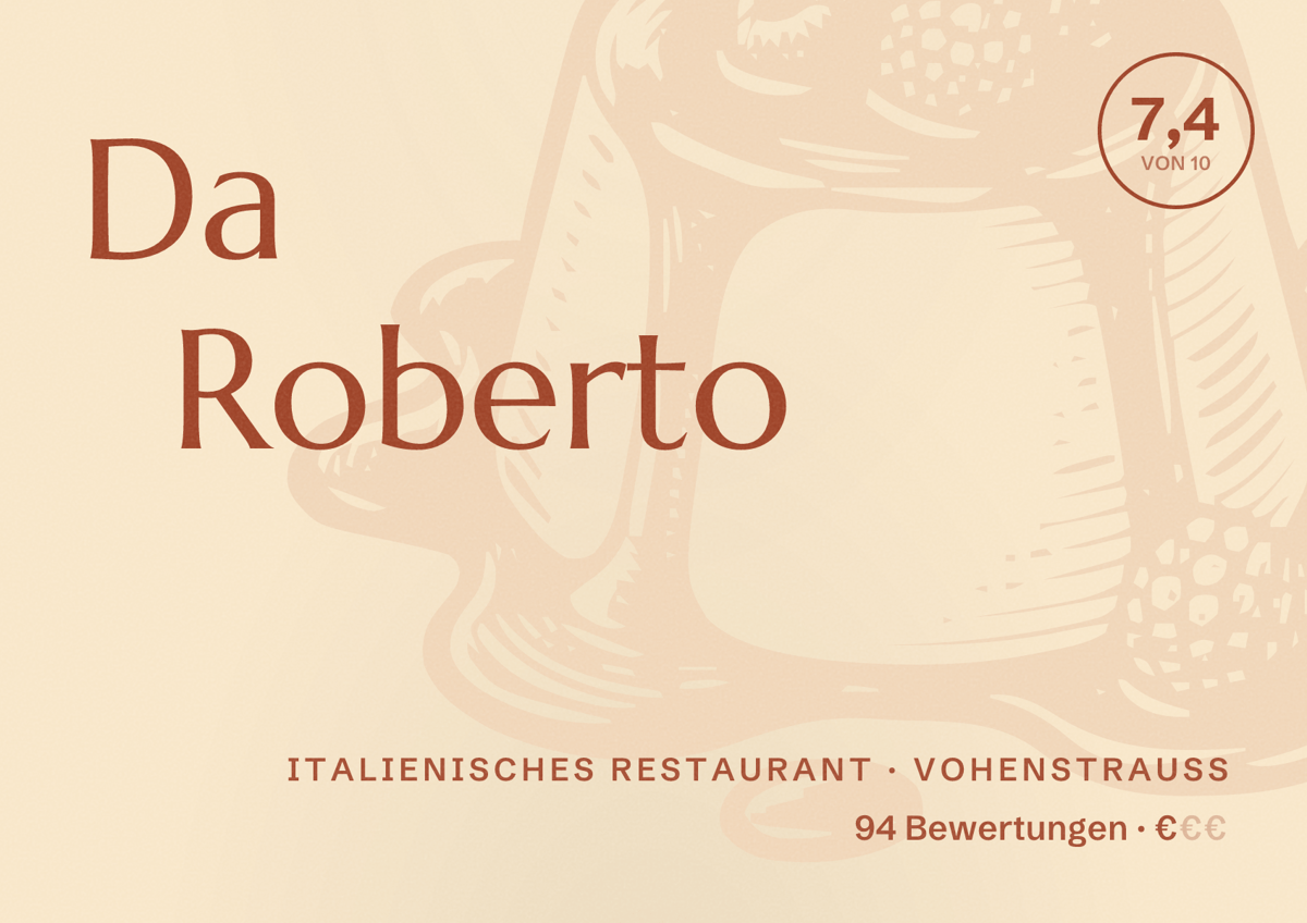 Illustriertes Poster von Da Roberto, Italienisches Restaurant in Vohenstrauß: Bewertung 7,4 von 10 aus 94 Bewertungen, Preisniveau €