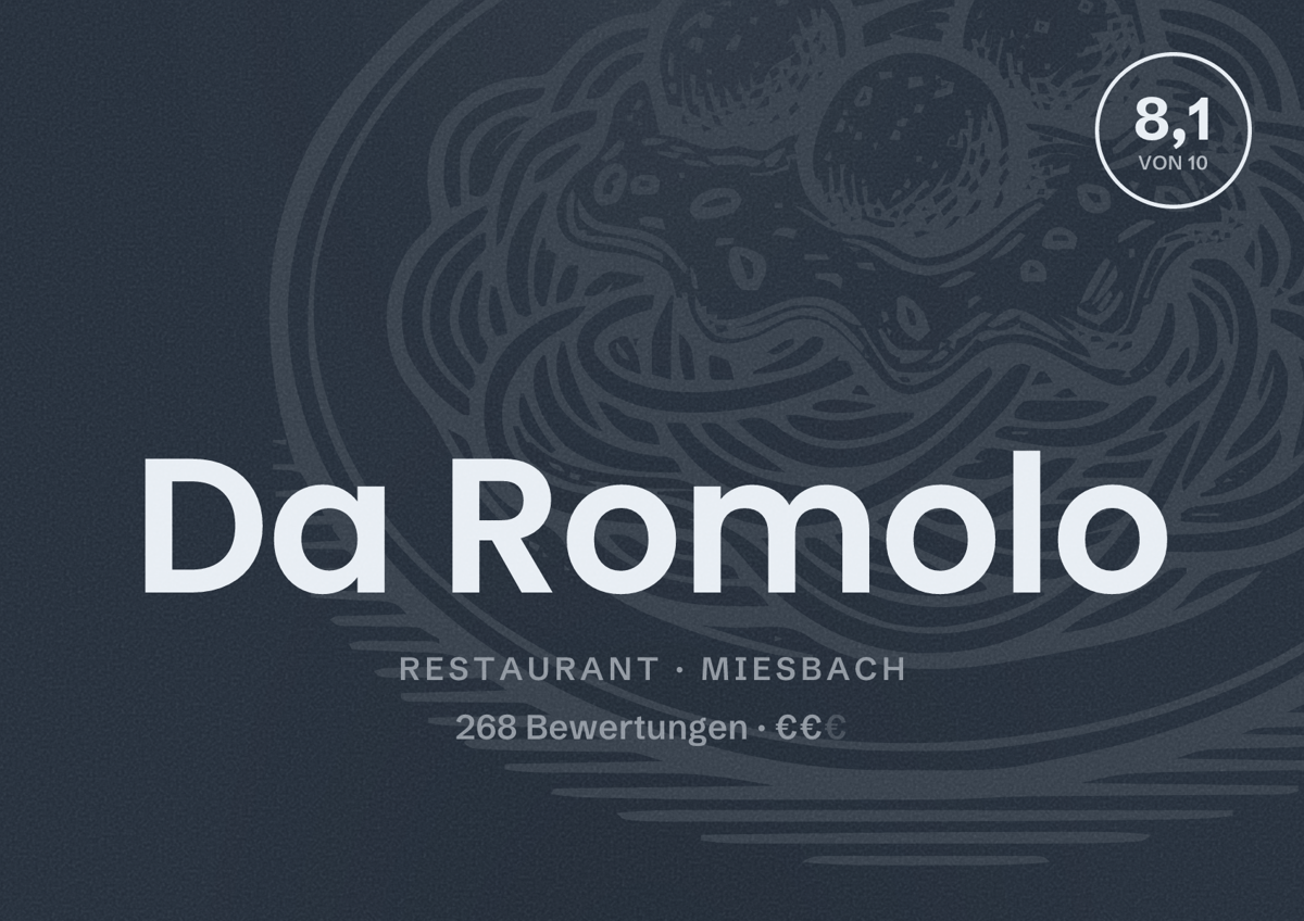 Illustriertes Poster von Da Romolo, Restaurant in Miesbach: Bewertung 8,1 von 10 aus 268 Bewertungen, Preisniveau €€