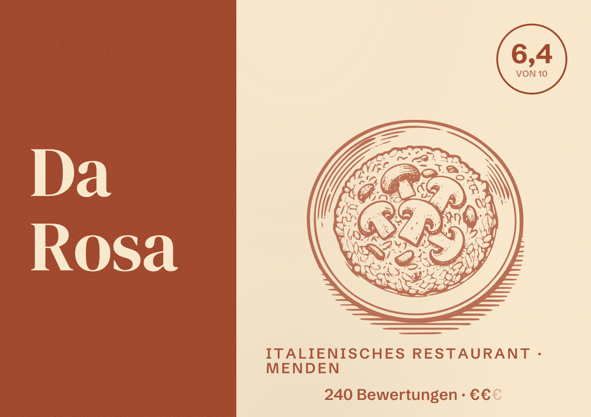Illustriertes Poster von Da Rosa, Italienisches Restaurant in Menden: Bewertung 6,4 von 10 aus 240 Bewertungen, Preisniveau €€