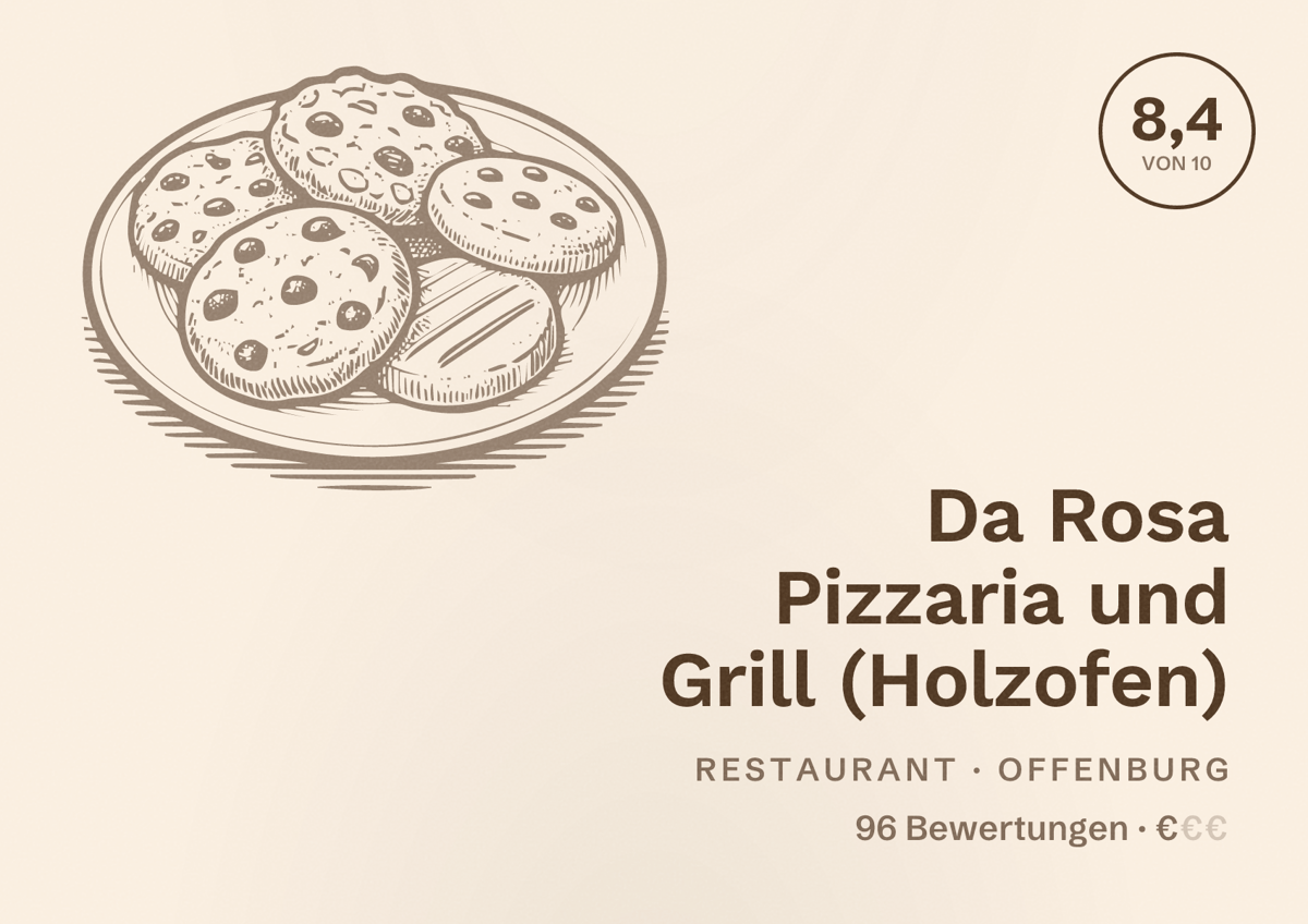 Illustriertes Poster von Da Rosa Pizzaria und Grill (Holzofen), Restaurant in Offenburg: Bewertung 8,4 von 10 aus 96 Bewertungen, Preisniveau €