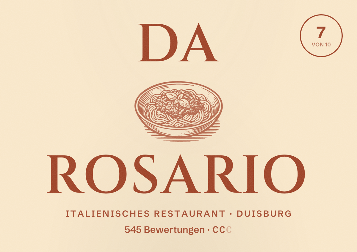 Illustriertes Poster von Da Rosario, Italienisches Restaurant in Duisburg: Bewertung 7 von 10 aus 545 Bewertungen, Preisniveau €€