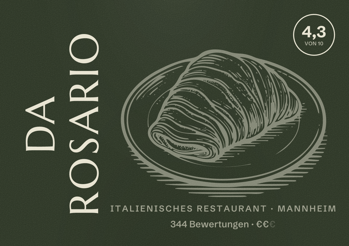Illustriertes Poster von Da Rosario, Italienisches Restaurant in Mannheim: Bewertung 4,3 von 10 aus 344 Bewertungen, Preisniveau €€