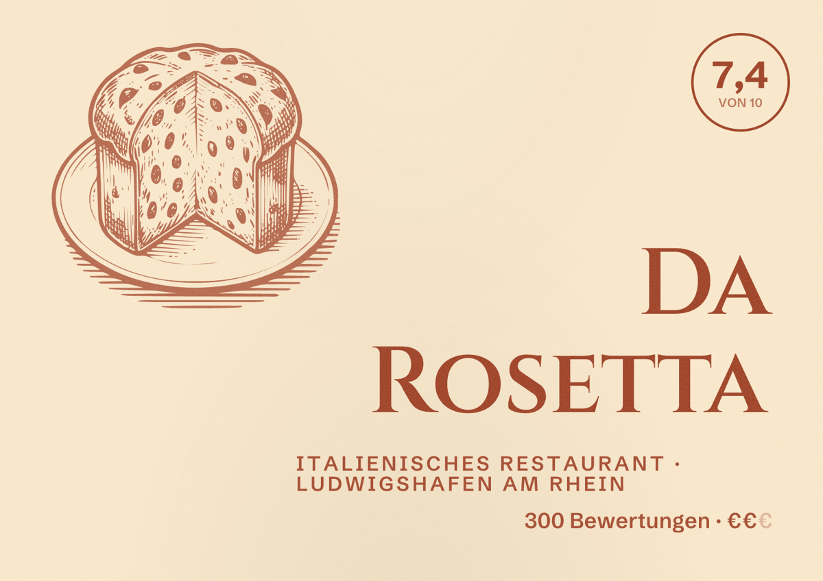 Illustriertes Poster von Da Rosetta, Italienisches Restaurant in Ludwigshafen am Rhein: Bewertung 7,4 von 10 aus 300 Bewertungen, Preisniveau €€
