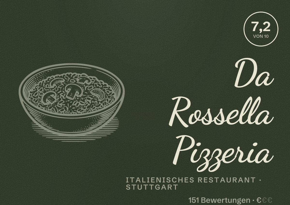 Illustriertes Poster von Da Rossella Pizzeria, Italienisches Restaurant in Stuttgart: Bewertung 7,2 von 10 aus 151 Bewertungen, Preisniveau €