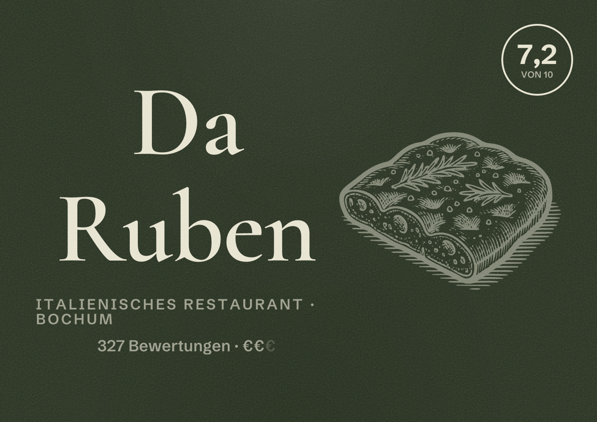Illustriertes Poster von Da Ruben, Italienisches Restaurant in Bochum: Gästebewertung 7,2 von 10 aus 327 Bewertungen