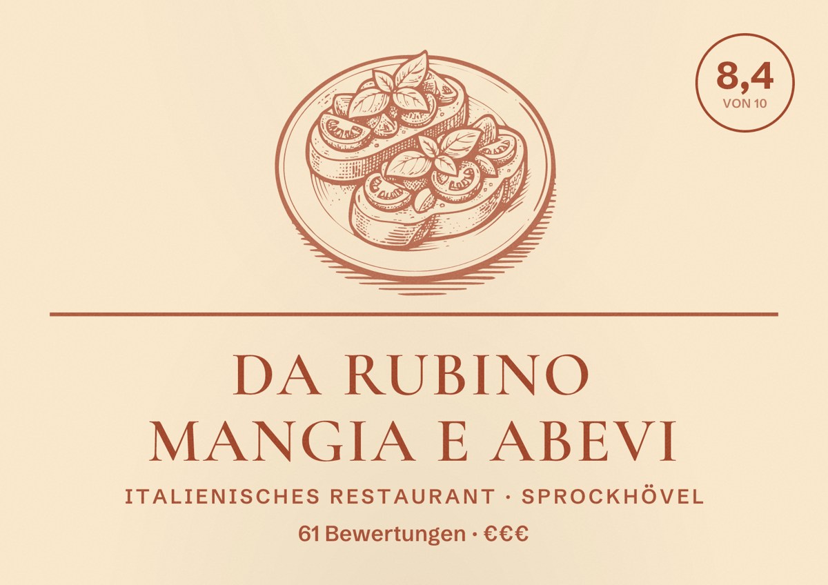 Illustriertes Poster von da Rubino Mangia e aBevi, Italienisches Restaurant in Sprockhövel: Bewertung 8,4 von 10 aus 61 Bewertungen, Preisniveau €€€