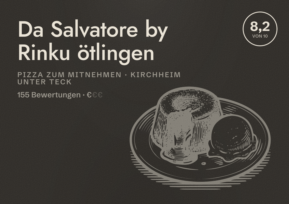 Illustriertes Poster von Da Salvatore by Rinku ötlingen, Pizza zum Mitnehmen in Kirchheim unter Teck: Bewertung 8,2 von 10 aus 155 Bewertungen, Preisniveau €