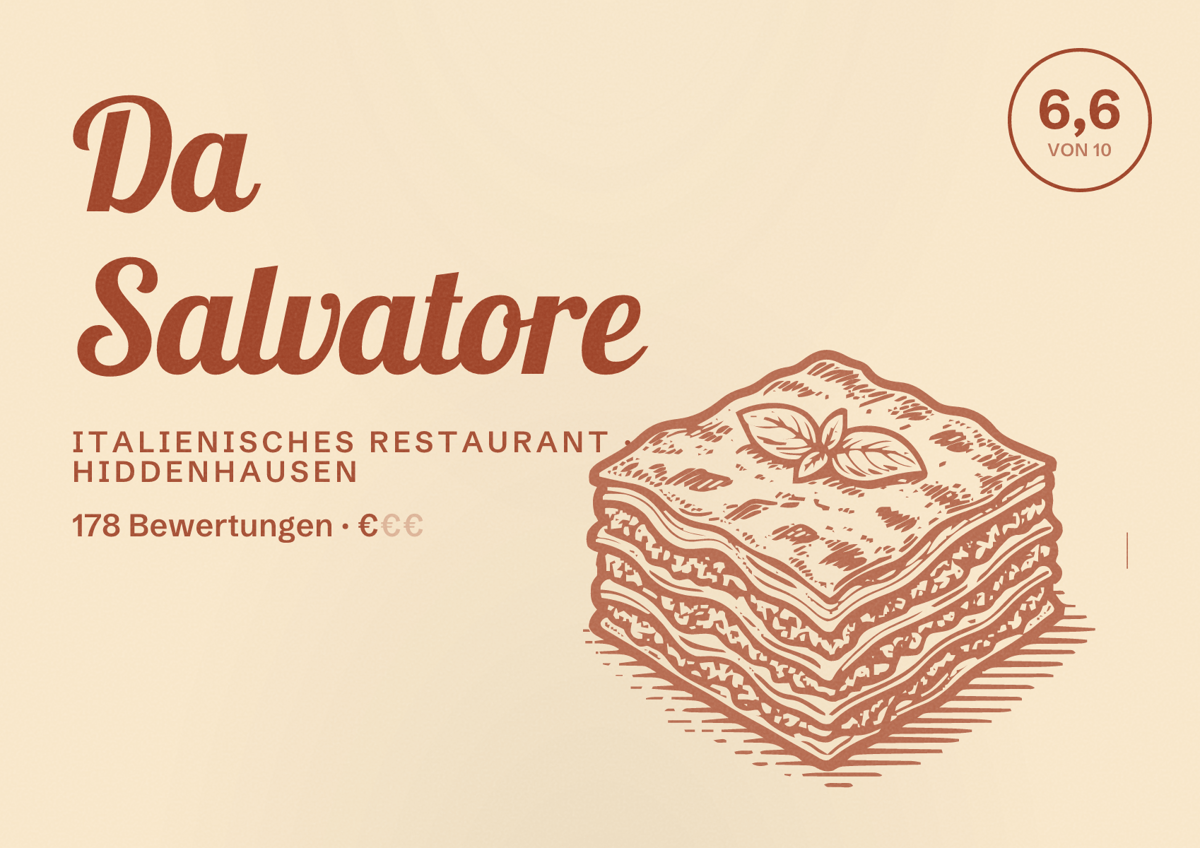 Illustriertes Poster von Da Salvatore, Italienisches Restaurant in Hiddenhausen: Bewertung 6,6 von 10 aus 178 Bewertungen, Preisniveau €
