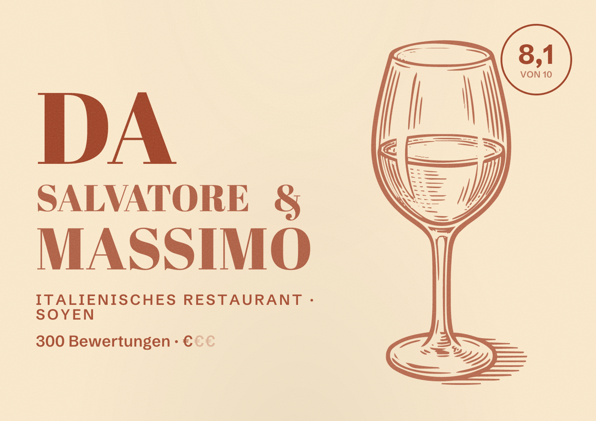 Illustriertes Poster von Da Salvatore & Massimo, Italienisches Restaurant in Soyen: Bewertung 8,1 von 10 aus 300 Bewertungen, Preisniveau €