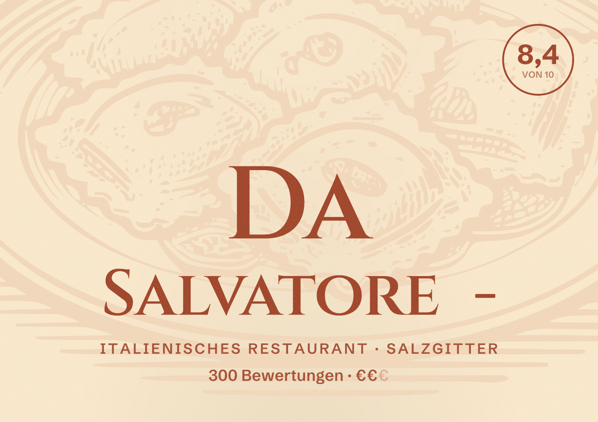 Illustriertes Poster von Da Salvatore -, Italienisches Restaurant in Salzgitter: Bewertung 8,4 von 10 aus 300 Bewertungen, Preisniveau €€