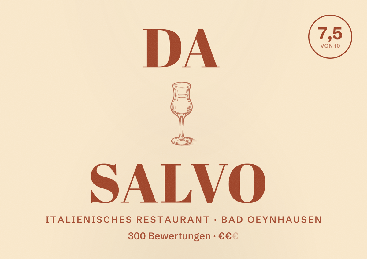 Illustriertes Poster von Da Salvo, Italienisches Restaurant in Bad Oeynhausen: Bewertung 7,5 von 10 aus 300 Bewertungen, Preisniveau €€
