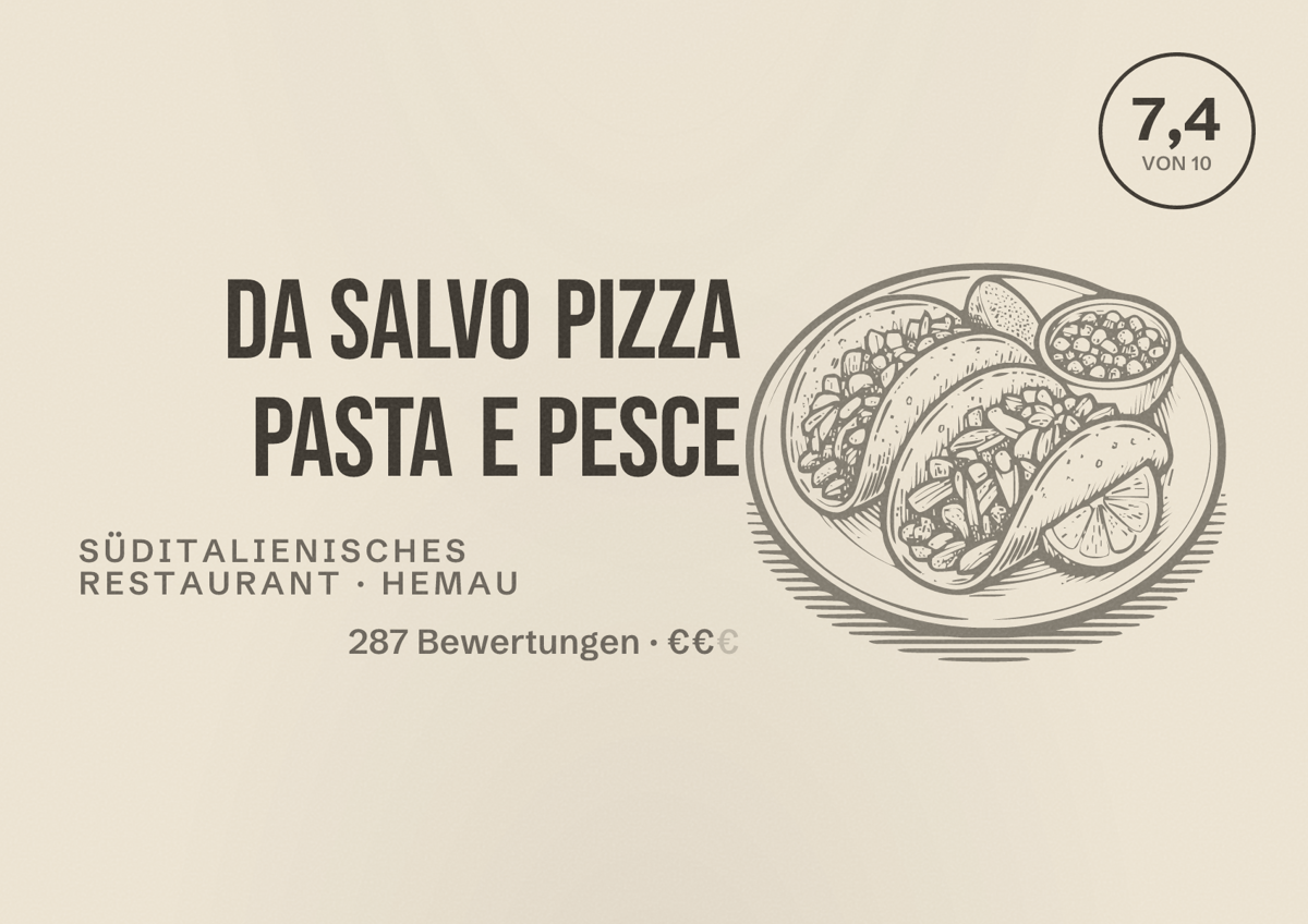 Illustriertes Poster von Da Salvo Pizza Pasta e Pesce, Süditalienisches Restaurant in Hemau: Bewertung 7,4 von 10 aus 287 Bewertungen, Preisniveau €€