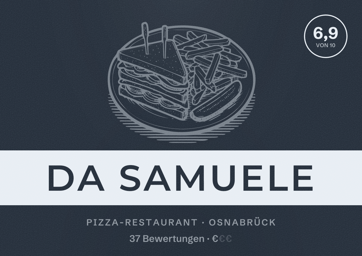 Illustriertes Poster von Da Samuele, Pizza-Restaurant in Osnabrück: Bewertung 6,9 von 10 aus 37 Bewertungen, Preisniveau €