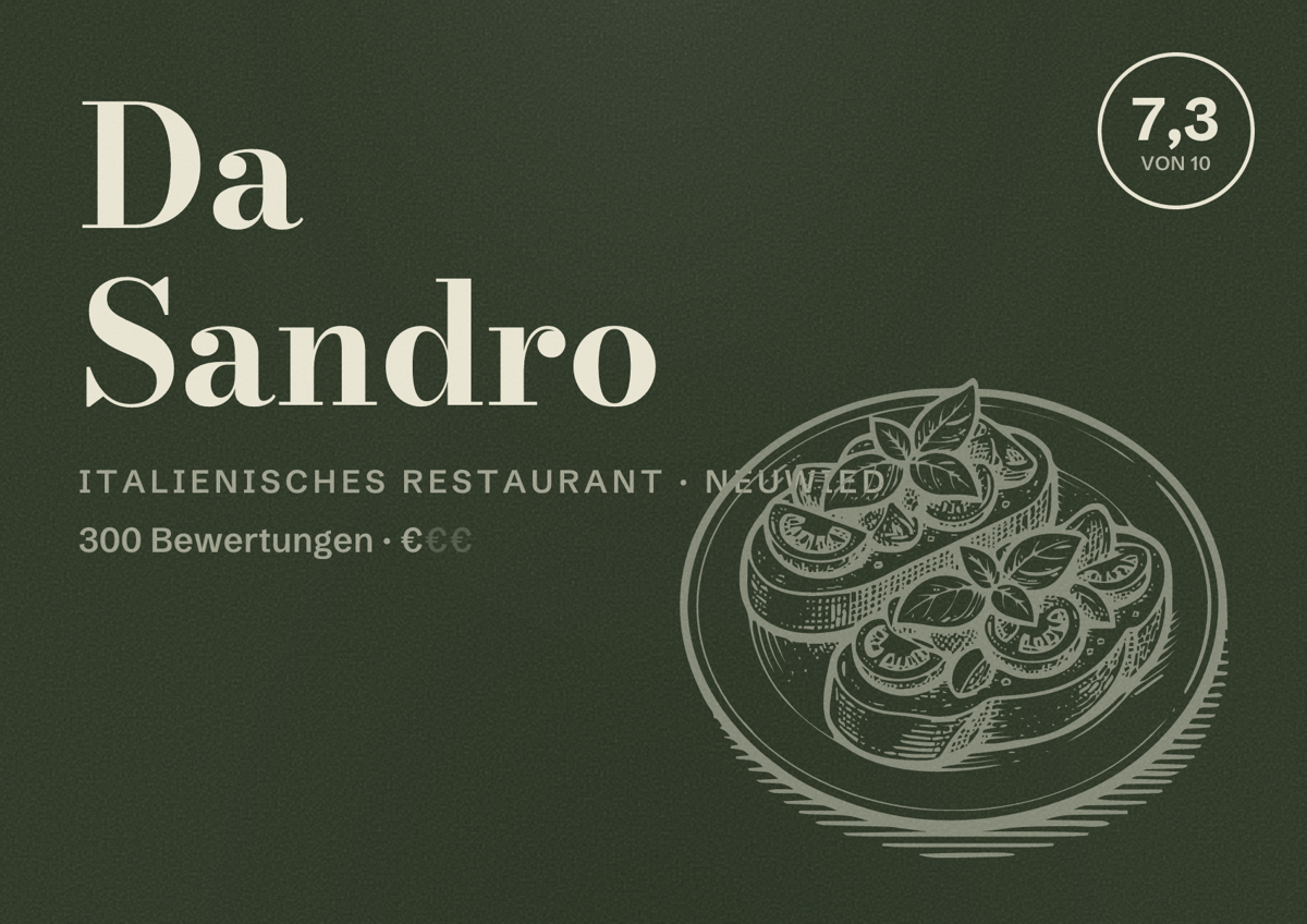 Illustriertes Poster von Da Sandro, Italienisches Restaurant in Neuwied: Bewertung 7,3 von 10 aus 300 Bewertungen, Preisniveau €