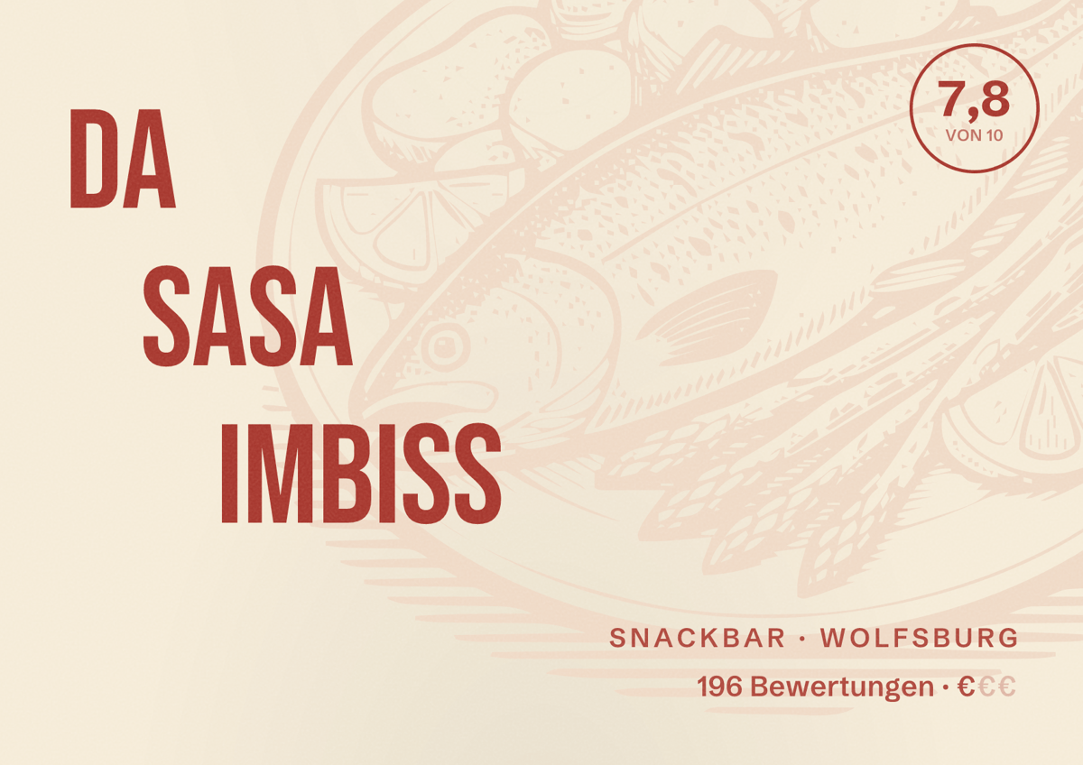 Illustriertes Poster von Da SaSa Imbiss, Snackbar in Wolfsburg: Bewertung 7,8 von 10 aus 196 Bewertungen, Preisniveau €