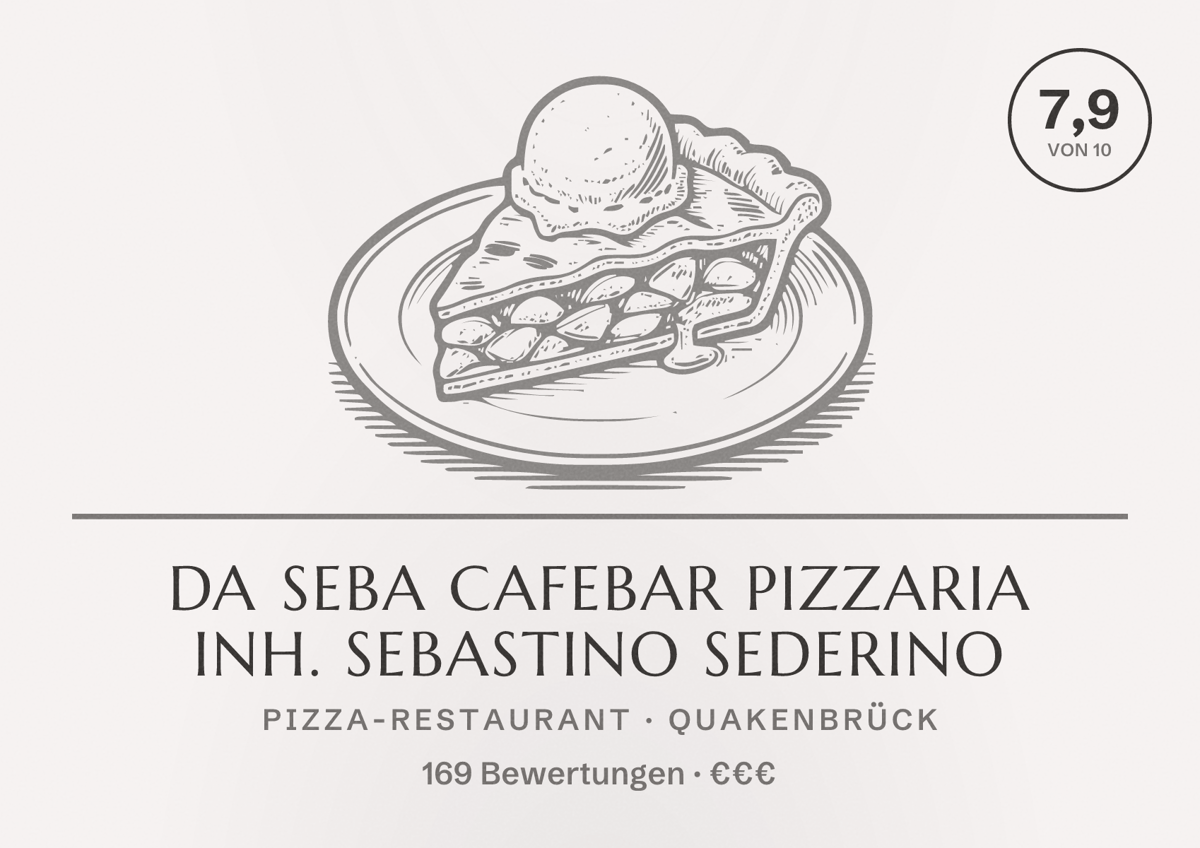 Illustriertes Poster von Da Seba Cafebar Pizzaria Inh. Sebastino Sederino, Pizza-Restaurant in Quakenbrück: Bewertung 7,9 von 10 aus 169 Bewertungen, Preisniveau €€€