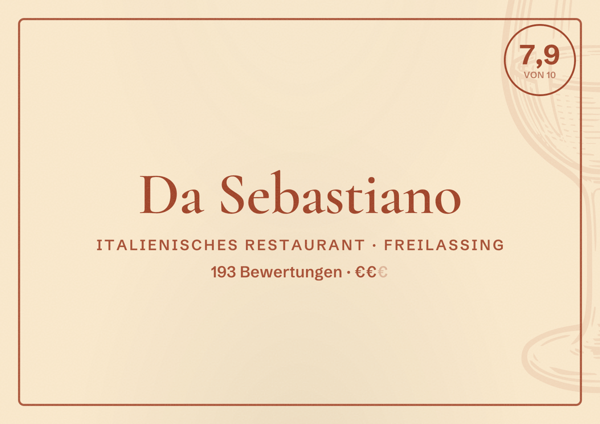 Illustriertes Poster von Da Sebastiano, Italienisches Restaurant in Freilassing: Bewertung 7,9 von 10 aus 193 Bewertungen, Preisniveau €€