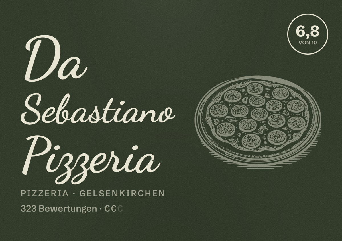 Illustriertes Poster von Da Sebastiano Pizzeria, Pizzeria in Gelsenkirchen: Bewertung 6,8 von 10 aus 323 Bewertungen, Preisniveau €€