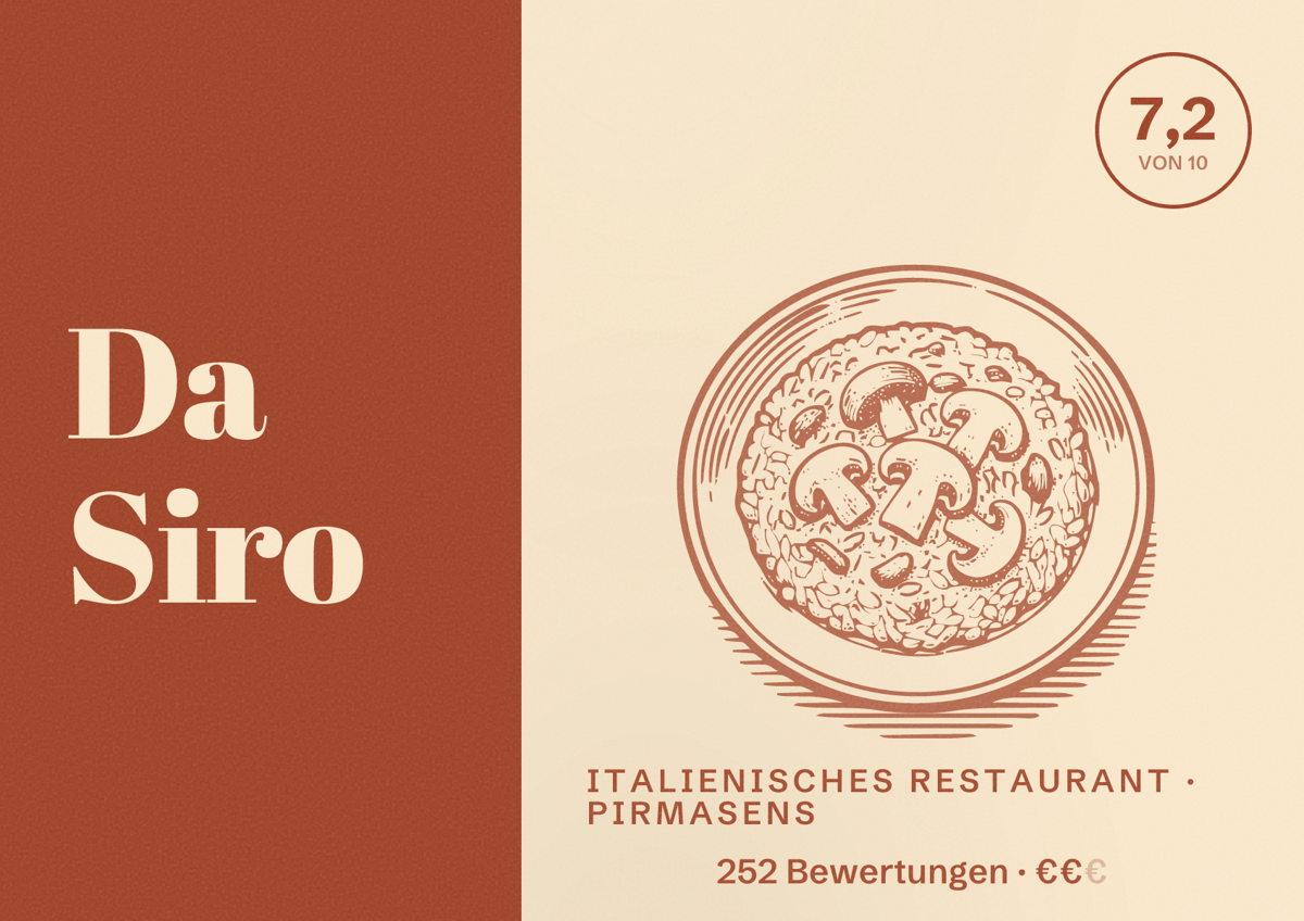 Illustriertes Poster von Da Siro, Italienisches Restaurant in Pirmasens: Bewertung 7,2 von 10 aus 252 Bewertungen, Preisniveau €€