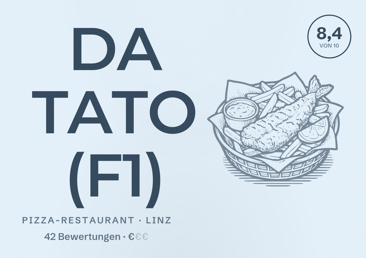 Illustriertes Poster von DA TATO (F1), Pizza-Restaurant in Linz: Bewertung 8,4 von 10 aus 42 Bewertungen, Preisniveau €